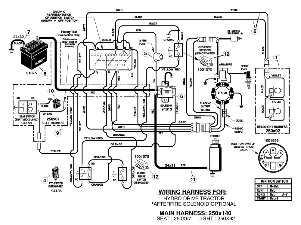 Electrical System Diagram and Parts List for 425615X99B 2005 Briggs and Stratton Lawn Tractor
